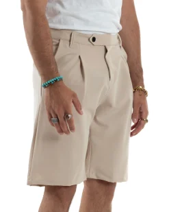 Bermuda Uomo Viscosa Abbottonatura Allungata Beige PC1993A