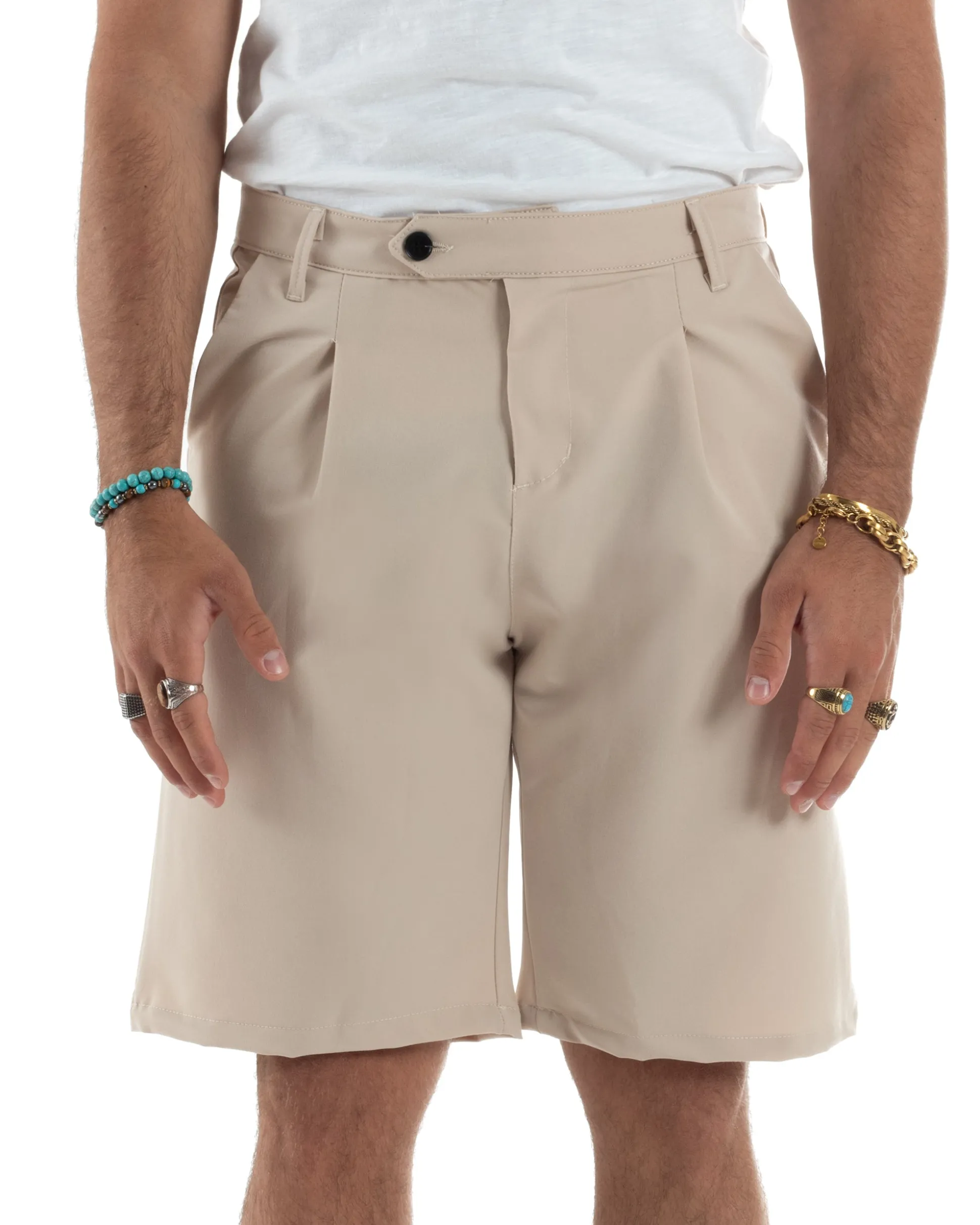 Bermuda Uomo Viscosa Abbottonatura Allungata Beige PC1993A