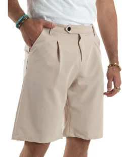 Bermuda Uomo Viscosa Abbottonatura Allungata Beige PC1993A