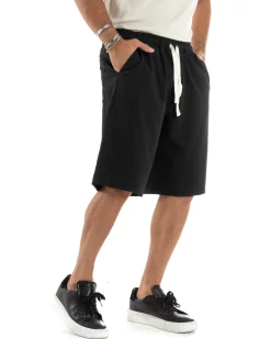 Bermuda uomo viscosa pantalaccio corto jogger wide leg oversize nero GIOSAL-PC1966A