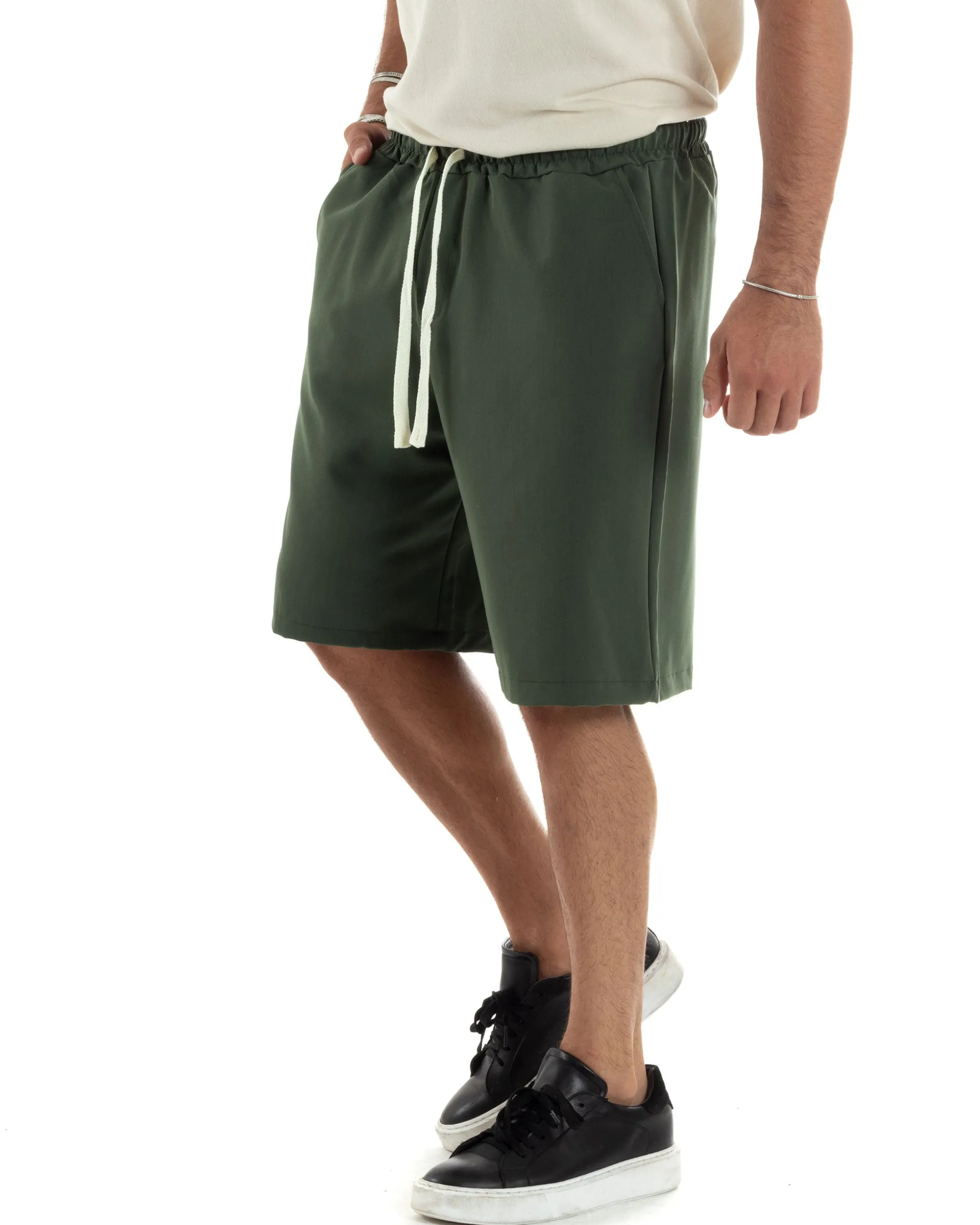 Bermuda uomo viscosa pantalaccio corto jogger wide leg oversize verde GIOSAL-PC1971A