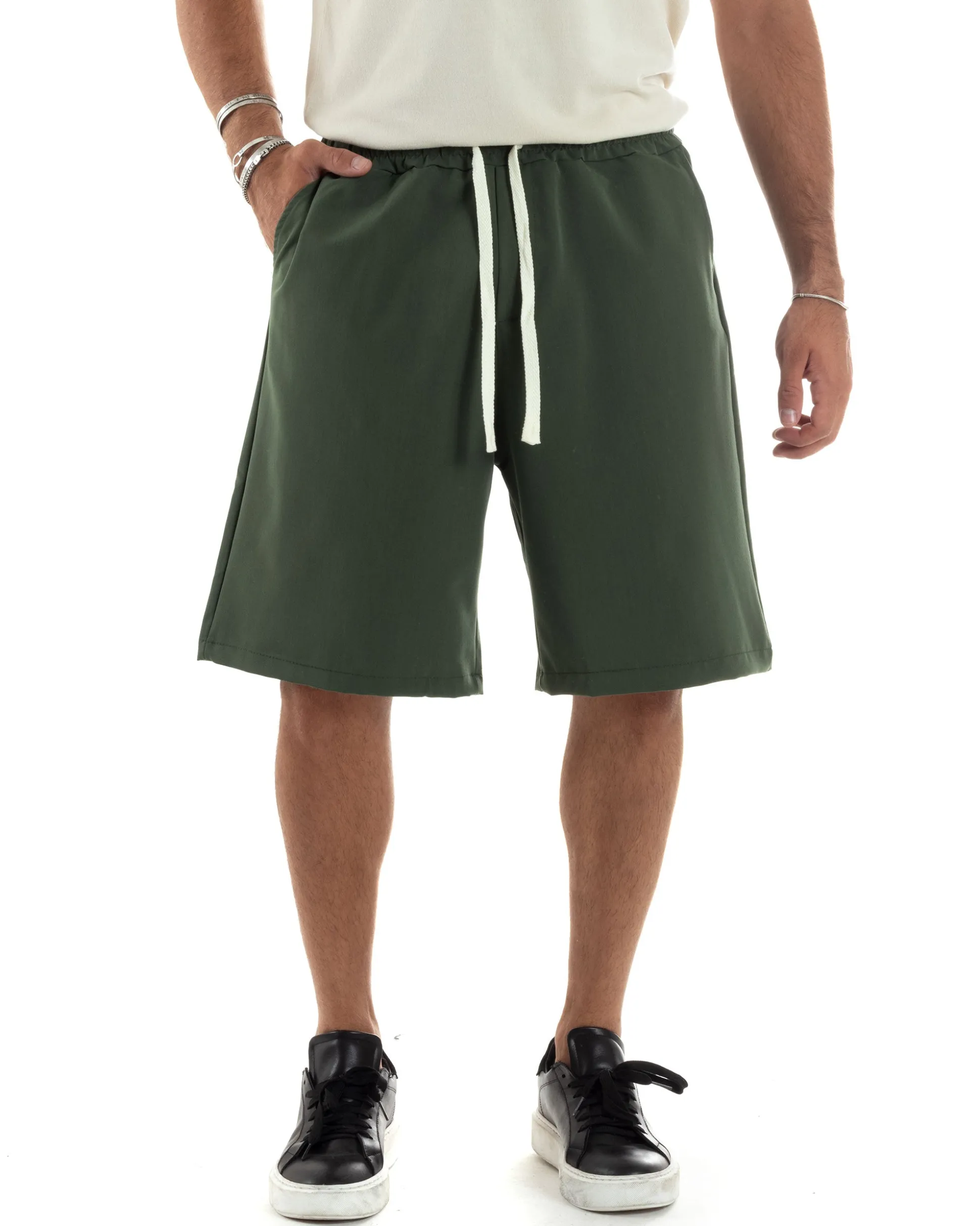 Bermuda uomo viscosa pantalaccio corto jogger wide leg oversize verde GIOSAL-PC1971A