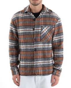Camicia Camicione Uomo Tartan Con Colletto Overshirt Caldo Fantasia Quadri Scozzese Casual Camel GIOSAL-C2649A