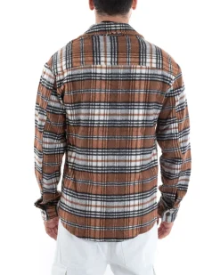Camicia Camicione Uomo Tartan Con Colletto Overshirt Caldo Fantasia Quadri Scozzese Casual Camel GIOSAL-C2649A