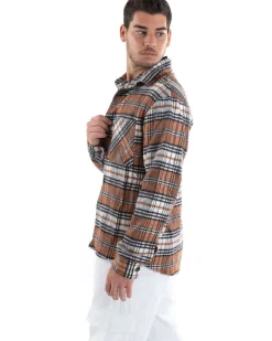 Camicia Camicione Uomo Tartan Con Colletto Overshirt Caldo Fantasia Quadri Scozzese Casual Camel GIOSAL-C2649A