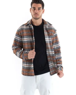 Camicia Camicione Uomo Tartan Con Colletto Overshirt Caldo Fantasia Quadri Scozzese Casual Camel GIOSAL-C2649A