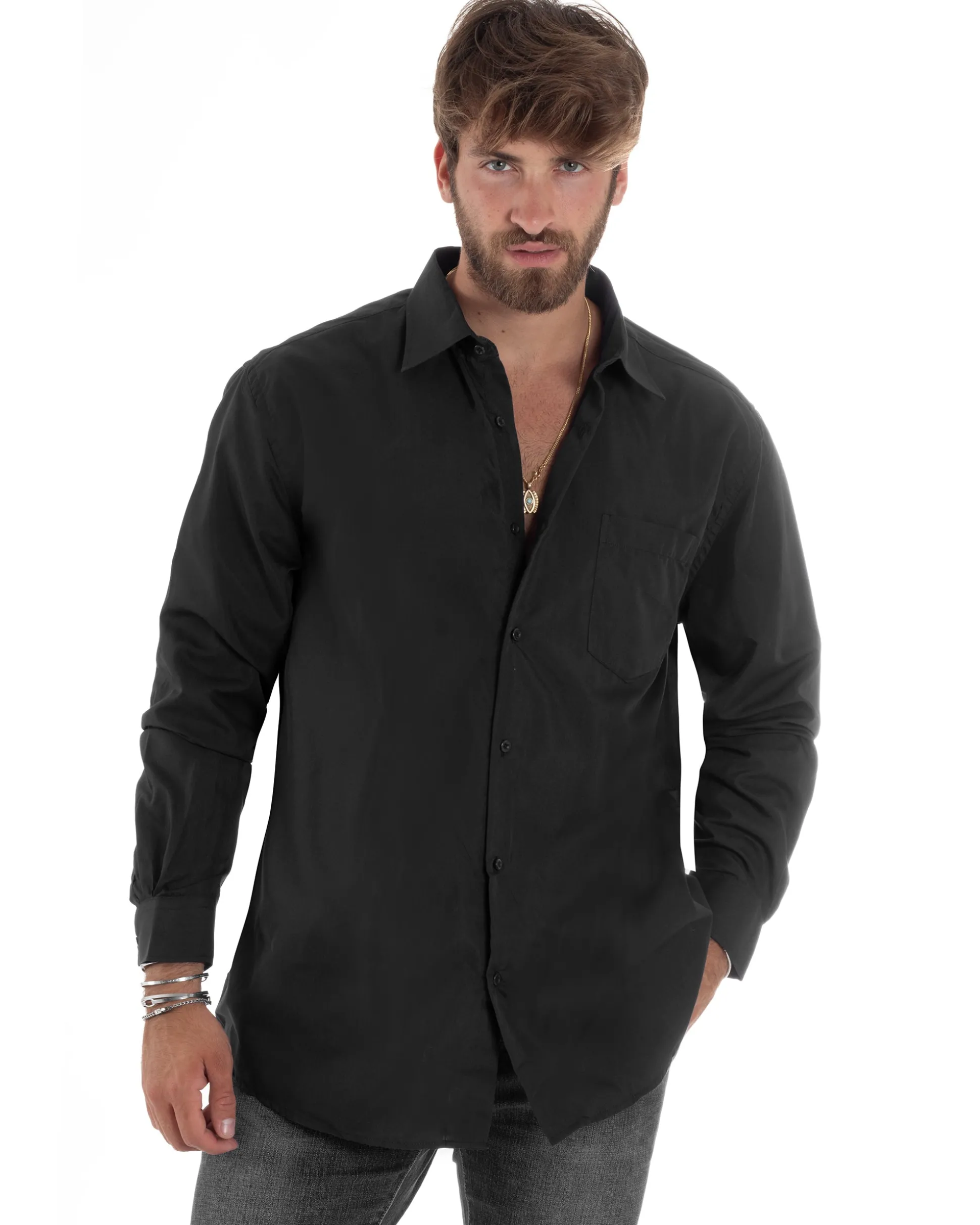 Camicia Classica Uomo Basic Cotone Regular Fit Nero C2988A