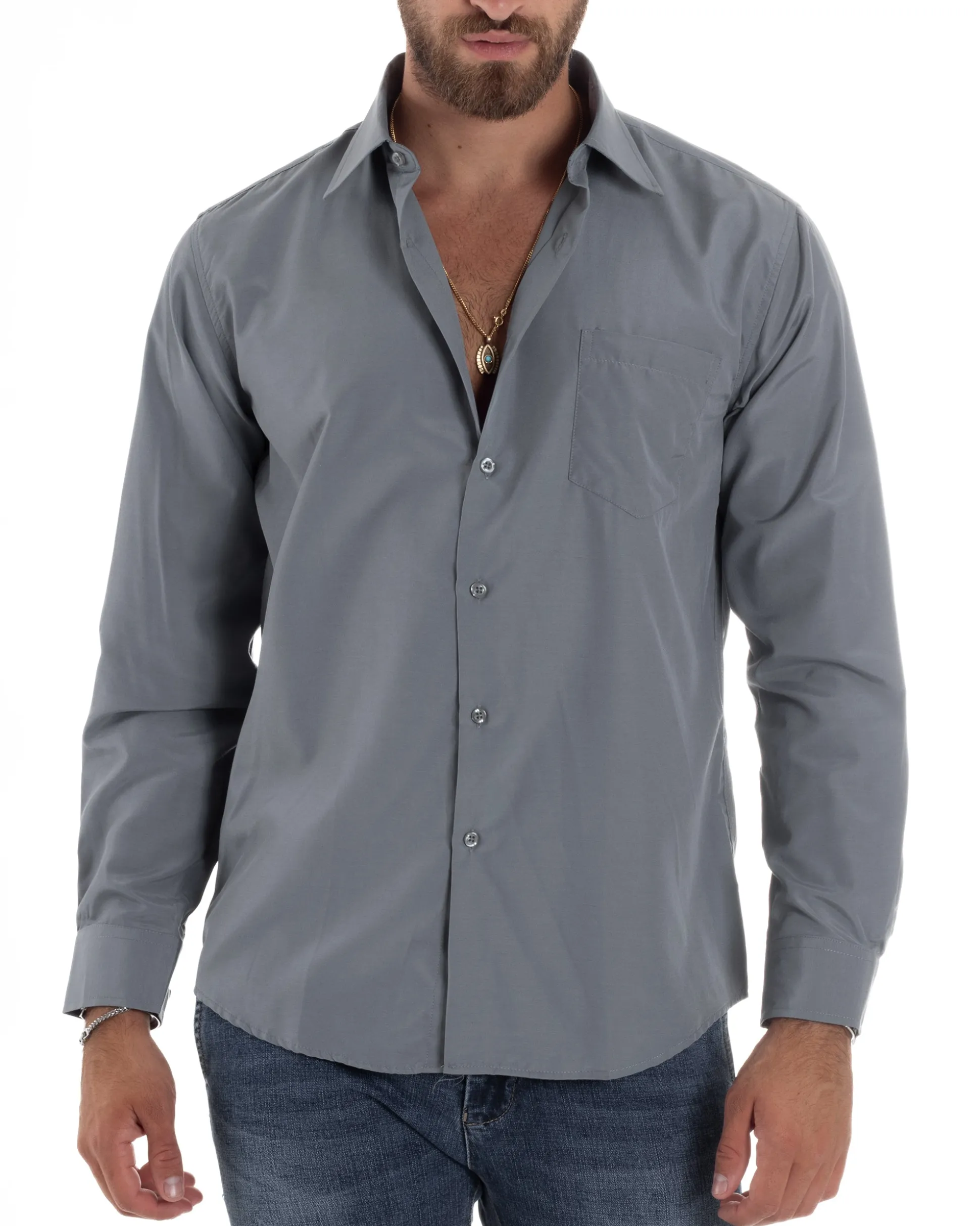 Camicia Classica Uomo Basic Cotone Regular Fit Grigio C2987A