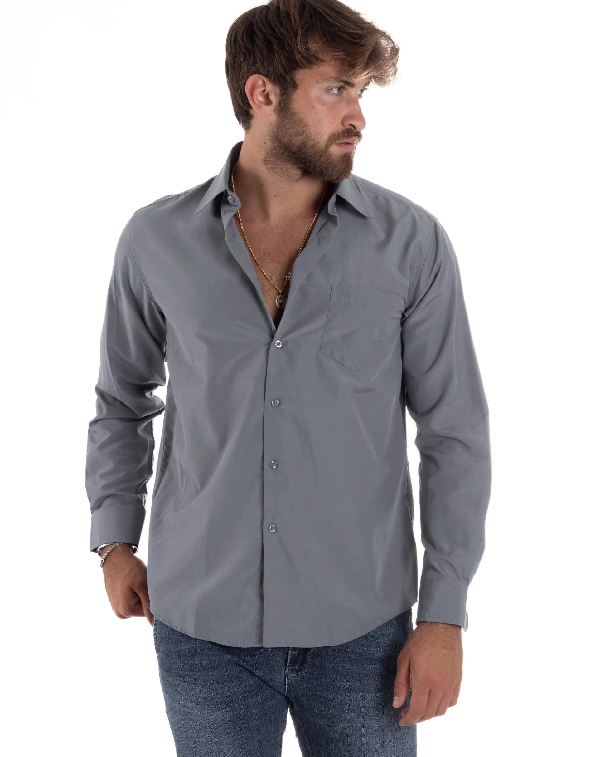 Camicia Classica Uomo Basic Cotone Regular Fit Grigio C2987A