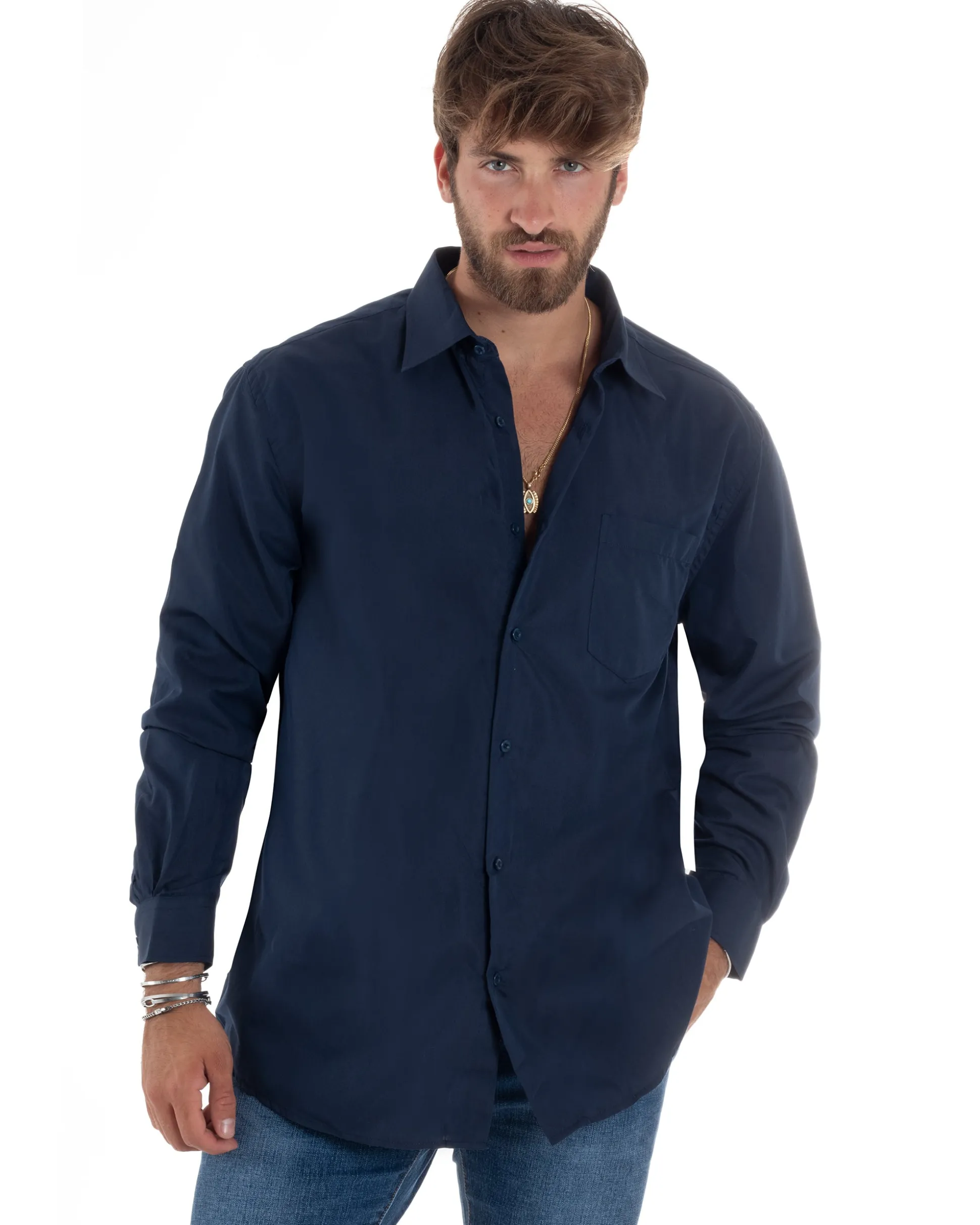 Camicia Classica Uomo Basic Cotone Regular Fit Blu C2984A