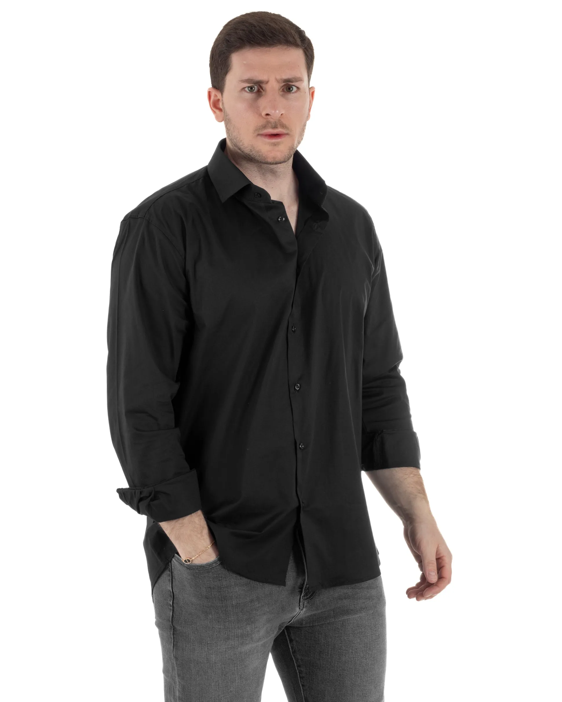 Camicia Collo Francese Cotone Basic Nero TCC1004A