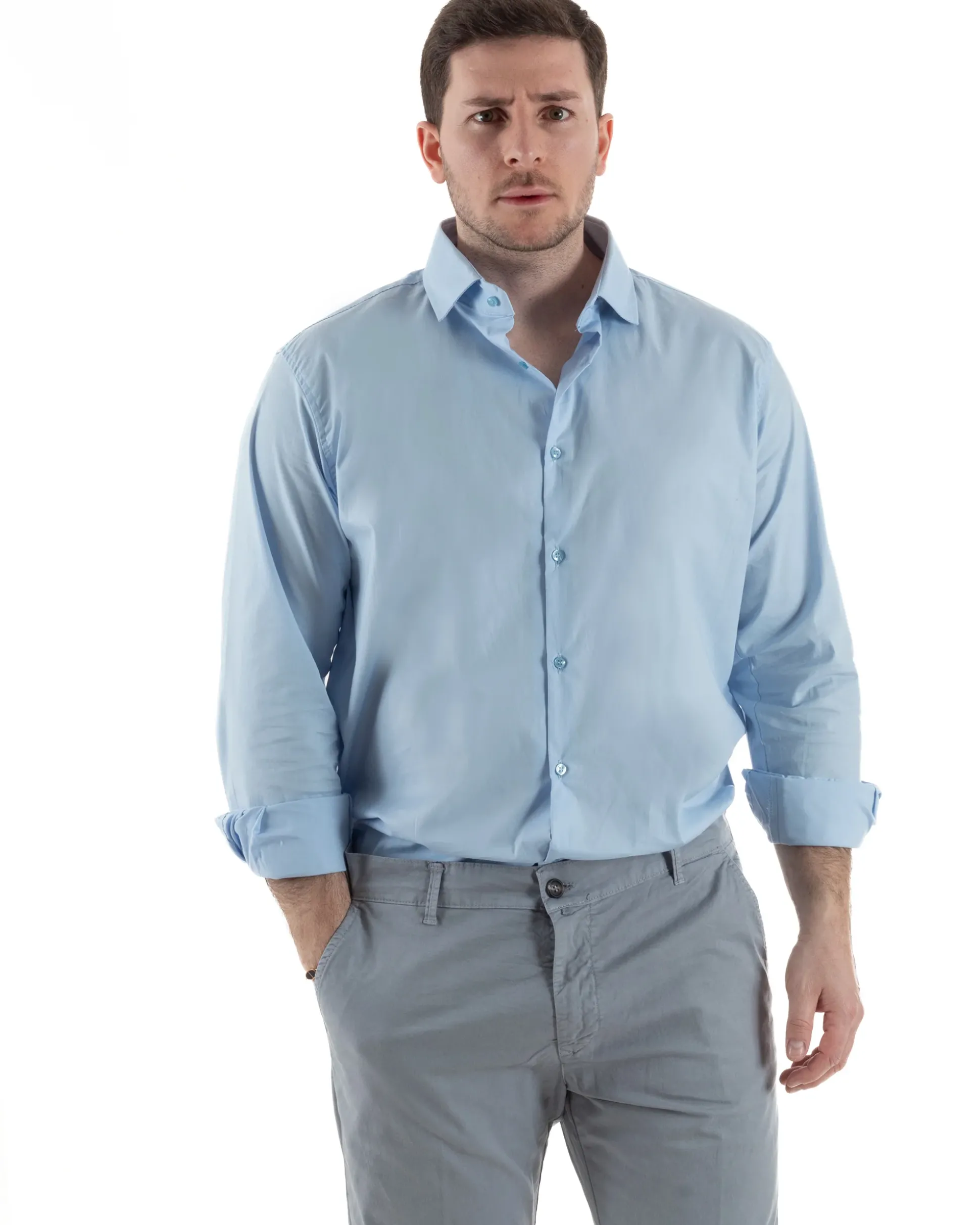 Camicia Collo Francese Cotone Basic Celeste TCC1001A