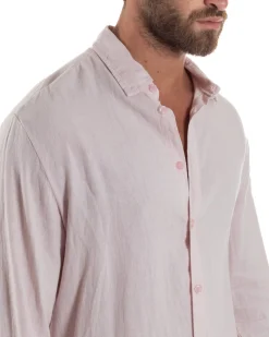 Camicia Collo Francese Lino Slim Fit Basic Rosa C3036A