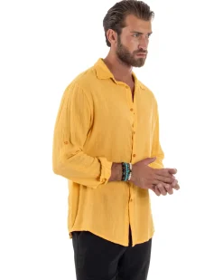 Camicia Collo Francese Lino Slim Fit Basic Senape C3041A