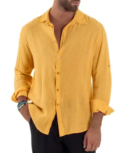 Camicia Collo Francese Lino Slim Fit Basic Senape C3041A