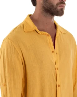 Camicia Collo Francese Lino Slim Fit Basic Senape C3041A