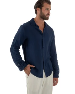 Camicia Collo Francese Lino Slim Fit Basic Blu C3035A