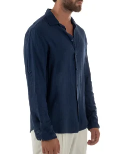 Camicia Collo Francese Lino Slim Fit Basic Blu C3035A