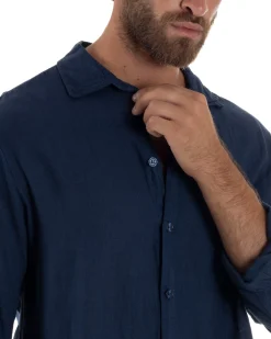 Camicia Collo Francese Lino Slim Fit Basic Blu C3035A