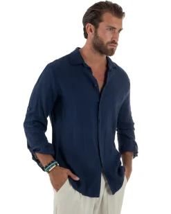 Camicia Collo Francese Lino Slim Fit Basic Blu C3035A