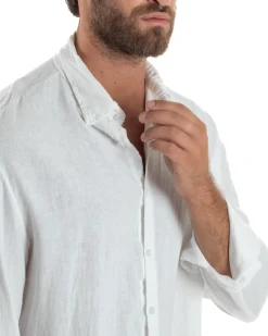 Camicia Collo Francese Lino Slim Fit Basic Bianco C3032A