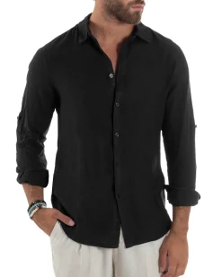 Camicia Collo Francese Lino Slim Fit Basic Nero C3031A