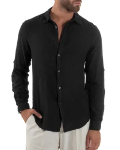 Camicia Collo Francese Lino Slim Fit Basic Nero C3031A