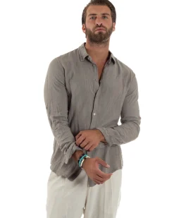 Camicia Collo Francese Lino Slim Fit Basic Fango C3034A