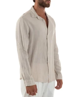 Camicia Collo Francese Lino Slim Fit Basic Beige C3038A