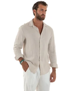 Camicia Collo Francese Lino Slim Fit Basic Beige C3038A
