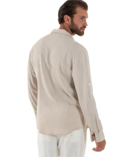 Camicia Collo Francese Lino Slim Fit Basic Beige C3038A