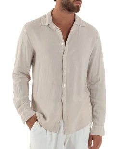 Camicia Collo Francese Lino Slim Fit Basic Beige C3038A