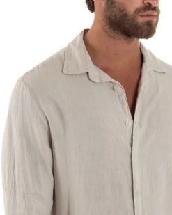 Camicia Collo Francese Lino Slim Fit Basic Beige C3038A
