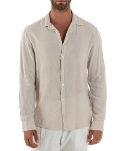 Camicia Collo Francese Lino Slim Fit Basic Beige C3038A