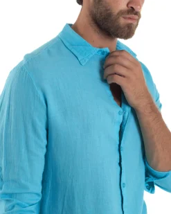 Camicia Collo Francese Lino Slim Fit Basic Turchese C3039A