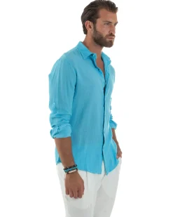 Camicia Collo Francese Lino Slim Fit Basic Turchese C3039A