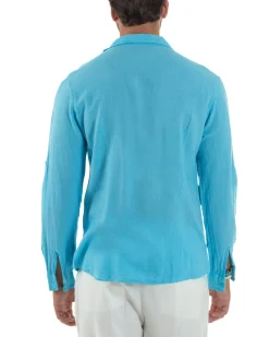 Camicia Collo Francese Lino Slim Fit Basic Turchese C3039A