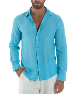 Camicia Collo Francese Lino Slim Fit Basic Turchese C3039A