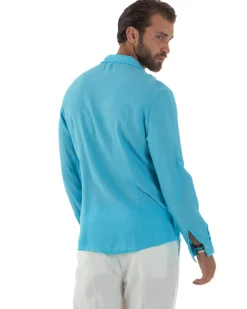 Camicia Collo Francese Lino Slim Fit Basic Turchese C3039A
