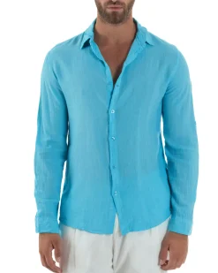 Camicia Collo Francese Lino Slim Fit Basic Turchese C3039A