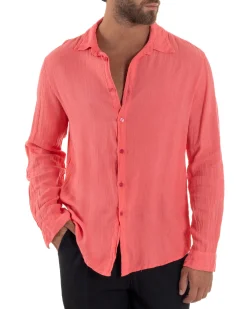 Camicia Collo Francese Lino Slim Fit Basic Corallo C3028A