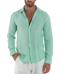 Camicia Collo Francese Lino Slim Fit Basic Verde Acqua C3037A