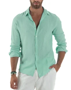 Camicia Collo Francese Lino Slim Fit Basic Verde Acqua C3037A