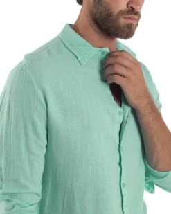 Camicia Collo Francese Lino Slim Fit Basic Verde Acqua C3037A