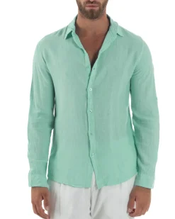 Camicia Collo Francese Lino Slim Fit Basic Verde Acqua C3037A