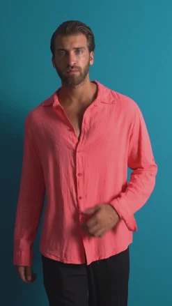 Camicia Collo Francese Lino Slim Fit Basic Blu Royal C3030A