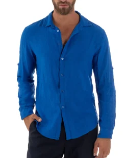 Camicia Collo Francese Lino Slim Fit Basic Blu Royal C3030A