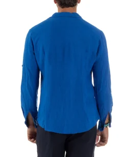 Camicia Collo Francese Lino Slim Fit Basic Blu Royal C3030A
