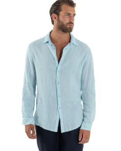 Camicia Collo Francese Lino Slim Fit Basic Celeste C3026A