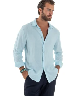 Camicia Collo Francese Lino Slim Fit Basic Celeste C3026A